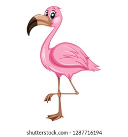 Vector Illustration of a Happy Pink Flamingo. Cute Cartoon Flamingo Isolated on a White Background. Happy Birds Set