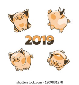 Vector illustration of a happy pink pig. Year of the pig