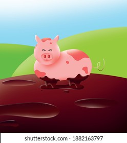 Vektorgrafik-Happy-Rosa-Schwein im Schlamm 