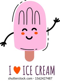 Vector illustration of happy pink popsicle ice cream character on white background. Flat line art style ice cream design for web, site, poster, banner, print, sticker