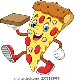 Vector illustration of happy pizza holding pizza box