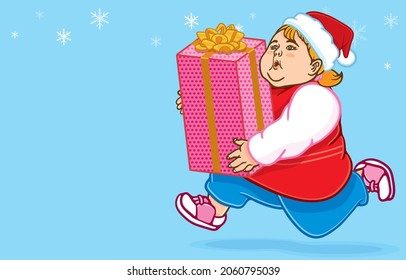 Vector illustration of happy plump blonde girl wearing santa hat, hugging large gift box, excited running, happy holidays, snowflakes on blue blackground, Merry Christmas, Happy New Year concept.