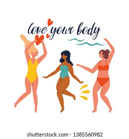 Vector illustration happy plus size girls wearing swimsuit in motion. Body positive