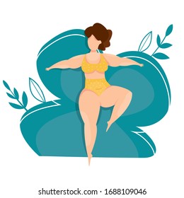 Vector illustration of happy plus size model girl. Curvy women female character. Body positive and active healthy lifestyle. Girl power. Female freedom. Love your body and stay positive. Feminism.