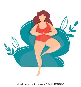 Ilustración vectorial de la modelo feliz más grande. Carácter femenino ondulado. Estilo de vida saludable activo y positivo para el cuerpo. Poder femenino. Libertad femenina. Ama tu cuerpo y mantente positivo. Feminismo.