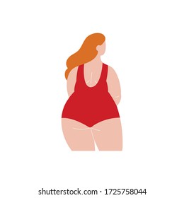 Vector illustration of a happy plus size girl in a red swimsuit isolated on a white background. Happy body positive concept. An overweight attractive woman. For the movement to take fat.