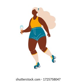Vector illustration of a happy plus size roller skating girl with ice cream isolated on a white background. Happy body positive concept. An overweight attractive woman. For the movement to take fat.