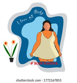 Vector illustration of happy plus size model girl. Body positive and active healthy lifestyle. Girl power. Female freedom. Love your body and stay positive. Feminism.