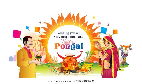 vector illustration of Happy Pongal Festival celebration, cooking pongal food, kite flying, makar sankranti with typography text