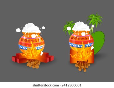 Vector illustration of Happy pongal festival of India background with fire and pot. pongal set.