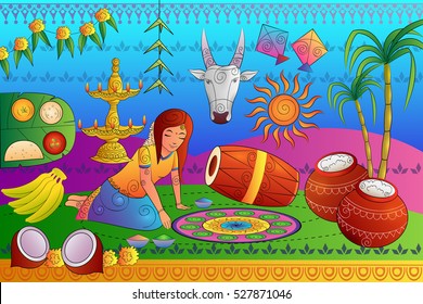 vector illustration of Happy Pongal festival celebration background