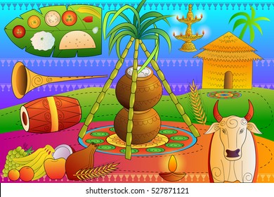 vector illustration of Happy Pongal festival celebration background