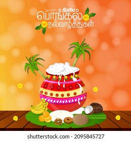 Vector illustration of Happy Pongal Holiday Harvest Festival in South India. Translate Happy Pongal Tamil Text.