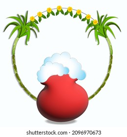 Vector illustration of Happy Pongal Holiday Harvest Festival of South India greeting background. 3D Pongal Mud Pot