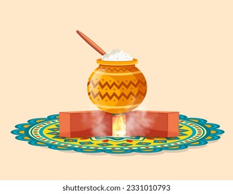 Vector illustration of Happy Pongal Holiday Harvest Festival of Tamil Nadu South India with Pongali Rice In Mud Pot.