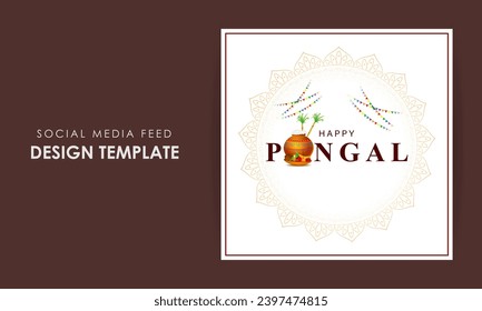 Vector illustration of Happy Pongal social media feed template written hindi text means happy pongal