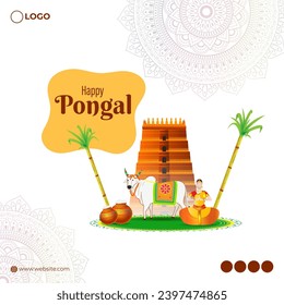 Vector illustration of Happy Pongal social media feed template written hindi text means happy pongal