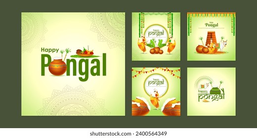 Ilustración vectorial de la plantilla de medios sociales Happy Pongal escrito en hindi significa feliz pongal