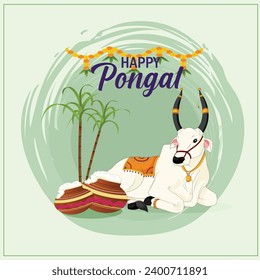 Vector illustration Happy Pongal with sugarcane and cow post editable template green background 