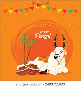 Vector illustration Happy Pongal with sugarcane and cow banner editable template with orange background