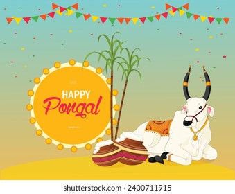 Vector illustration Happy Pongal with sugarcane and cow banner editable template with light background