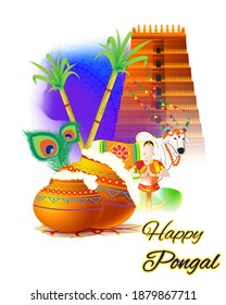 Vector illustration of Happy Pongal, Tamil harvest festival of South India, pot, sugarcane, rangoli, cow, lady on beautiful abstract background, Indian festival greeting.
