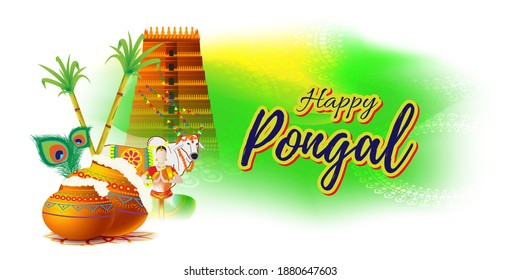 Vector illustration of Happy Pongal, Tamil harvest festival of South India, pot, sugarcane, rangoli, cow, lady on beautiful abstract background, Indian festival greeting.