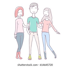 Vector illustration of happy posing boy and girls. Hugging smiling people group on white background. Hand drawn flat line art style retro color young people for t-shirt print, web, site, greeting card