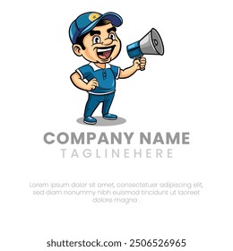  Vector illustration of a happy post man wearing a cap holding a megaphone and smiling mascot, sticker, logo