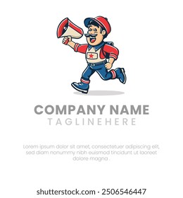 Vector illustration of a happy post man wearing a cap and bag behind and holding a megaphone running mascot, sticker, logo