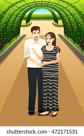 A vector illustration of happy pregnant couple walking in the city park