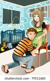 A vector illustration of a happy pregnant couple at home