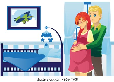 A vector illustration of a happy pregnant couple at home