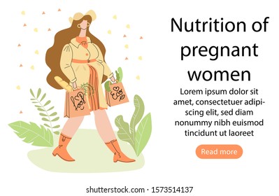 Vector illustration happy pregnant woman walking with bags from grocery store with organic eco food. Concept woman s nutrition during pregnancy, healthy eating. There is space for text. Web, printing.