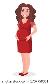 Vector illustration of happy pregnant woman in red dress isolated on white background