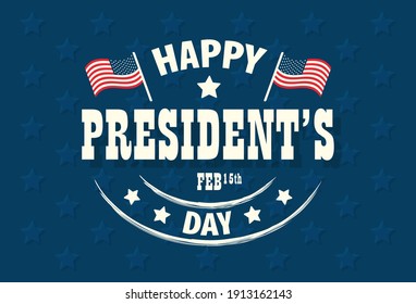 Vector illustration of Happy President's day celebration text with American flags and date on blue background. Holiday banner, poster, greeting card 