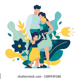 Vector illustration of a happy prosperous family in flowers, mother father daughter daughter son cuddling together near