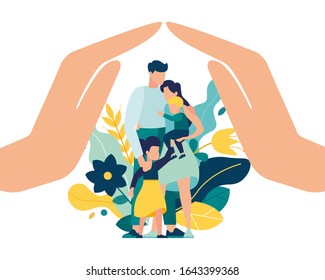 Vector illustration of a happy prosperous family in flowers, mother father daughter son cuddling together near family protection vector