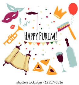  Vector illustration Happy Purim carnival set of design elements. Purim Jewish holiday, isolated on white background. 