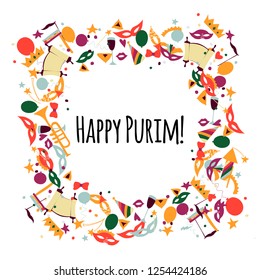  Vector illustration Happy Purim carnival. Frame in the form of a wreath. Purim Jewish holiday, isolated on white background. 