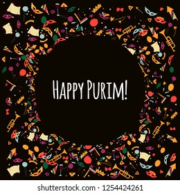  Vector illustration Happy Purim carnival set of design elements. Purim Jewish holiday, Black background. 