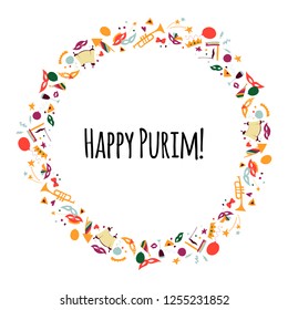  Vector illustration Happy Purim carnival. Frame in the form of a wreath. Purim Jewish holiday, isolated on white background. 