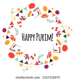  Vector illustration Happy Purim carnival. Frame in the form of a wreath. Purim Jewish holiday, isolated on white background. 