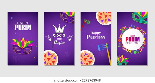 Vector illustration of Happy Purim social media story feed set mockup template