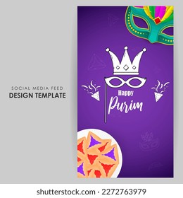 Vector illustration of Happy Purim social media story feed mockup template