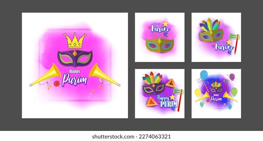 Vector illustration of Happy Purim social media story feed set mockup template