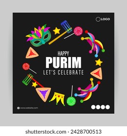 Vektor-Illustration von Happy Purim Social Media Feed-Vorlage