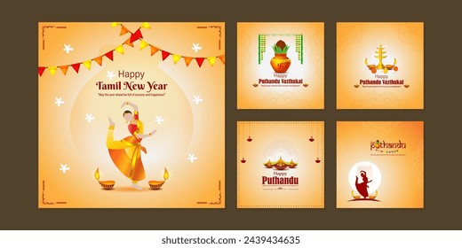 Vector illustration of Happy Puthandu social media feed set template