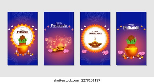 Vector illustration of Happy Puthandu Tamil New Year social media story feed mockup template set