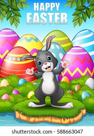 Vector illustration of Happy rabbit cartoon in the woods near the river
